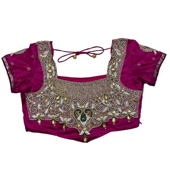 One of a Kind Hot Pink Embroidered and Jeweled Sari Top Size Large - Picture 6 of 16